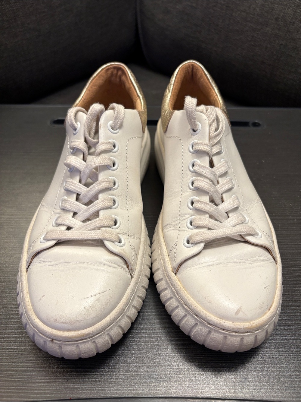 Sofft White Leather Low-Top Sneakers with Gold Heel